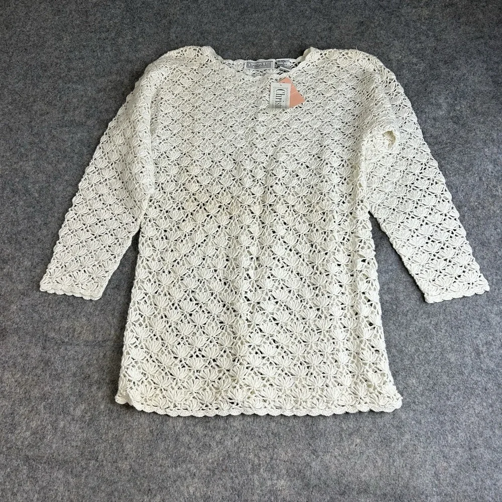 Vintage Christie & Jill Sweater Womens Small Crochet Open Knit Boho Coastal